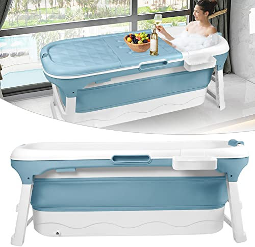 LILIIN Baignoire pliable pour adulte - 128 x 62 x 52 cm - Portable - Avec couvercle et rouleaux de massage - Panier à savon - En plastique épais - Bleu