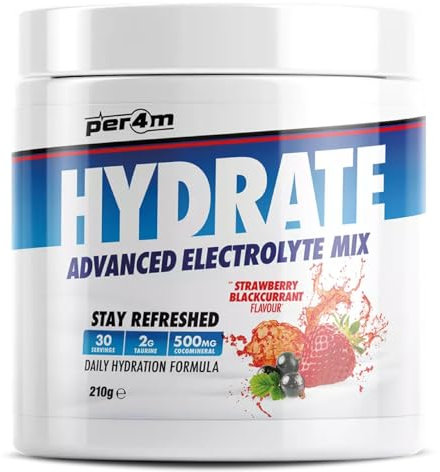 Per4m Hydrate Electrolyte Mix Powder | 500mg Cocomineral | Replenish Essential Electrolytes | Aiding Muscle Function, Cardiovascular Health, Neurological Support (Strawberry Blackcurrant, 210g)