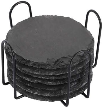 ZOFUN 12 Stück Schiefer Untersetzer Gläser, 4 Zoll Glasuntersetzer Rund mit Halter, 10x10 cm Schieferplatte Getränkeuntersetzer mit Halter für Getränke, Glas, Tassen, Bar, Deko, Raclette, Kerzen