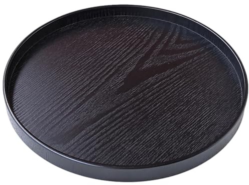 Vassoio da portata rotondo in legno massello, extra large, per tè, caffè, snack, cibo, pasti, antiscivolo, per cucina, feste, bar, server, vassoio per la colazione con bordi rialzati (45 cm), nero