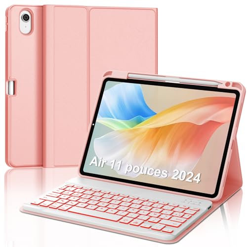 AVNICUD Clavier pour iPad Air 11 2024/2025 (M2/M3)/ Air 5ème/4ème génération 10.9, Coque Clavier pour iPad Pro 11 4/3/2/1 Gen, Clavier Français AZERTY Magnétique, Rétroéclairé 7 Couleurs, Or Rose