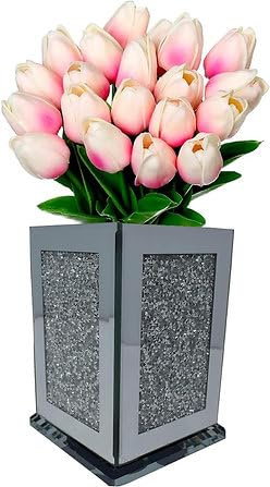 Crushed Diamond Silver Sparkle Square Flower Pot Vase, 15cm, Crystal Ceramic, Floral Design