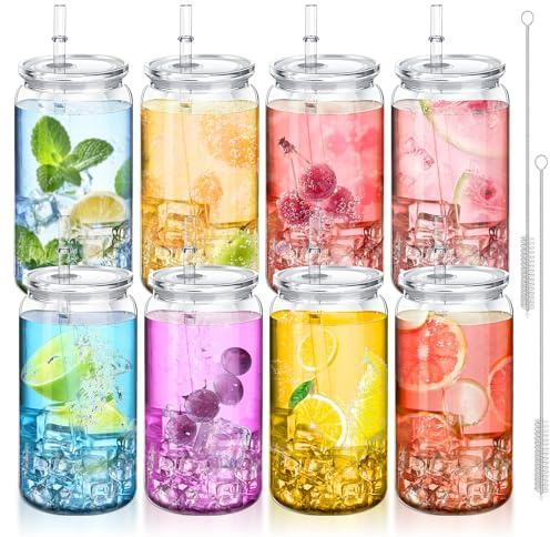 ALEXPRE 8pack 16 oz Clear Acrylic Mason Jars Cups with Lids and Straws | Plastic Cups, Ice Coffee Cups, Shatterproof Drinking Tumblers for Smoothies, Cold Brew, Juice, Beer,Coffee, Milk, Tea