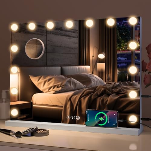 eklipt Schminkspiegel mit Beleuchtung, Hollywood Spiegel mit Beleuchtung, 15 LED Licht Dimmbare mit 3 Lichtmodi und USB, Temperatur- und Zeitanzeige,10X Vergrößerung Touch Control 58x45cm