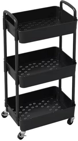 Easy Shopping® 3 Tier Storage Trolley Black Plastic, Metal Poles, Four Moving Wheel, Kitchen Storage Cart, Rolling Storage Rack Organiser for Kitchen Bathroom Laundry and Office