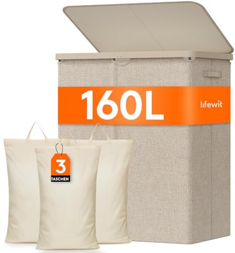 Lifewit 165L 3 Compartimentos Cesto Ropa Sucia, Gran Cesta de Lavandería Doble con Bolsillos Extraíbles, Cesta de Lavandería de Plástico Dividido Dormitorio, Baño, Dormitorio, Cuarto de Lavado, Beige