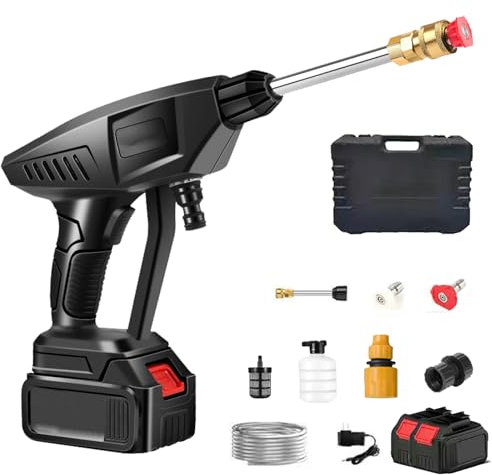 Nettoyeur Haute Pression à Batterie, 45 Bar Pistolet Haute Pression sans Fil avec 2 Batteries, 6-en-1 Multi-Usage Buse, Nettoyeur Haute Pression sans Fil pour Lavage et Arrosage