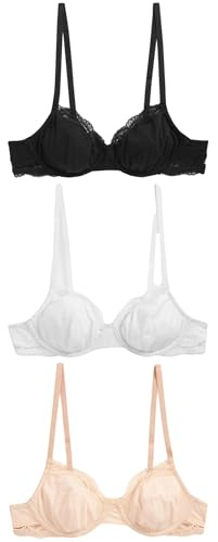 NEXT Damen 3er-Pack ungepolsterte, unwattierte Balconette-BHS aus Baumwollgemisch Schwarz/Weiß/Pastell Rose Nude 80 F