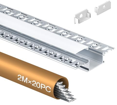 Shine Plus 20 x LED Trockenbauprofil 2m mit Abdeckung milchig, LED-Profil für Led Streifen bis 20 mm, Aluminium Profil Trockenbau, Profil Trockenbau Decke Wand Schattenfuge