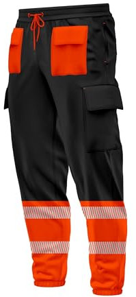 Mens Hi Vis High Visibility Contrast Multiple Pockets Cargo Trousers Bottoms Reflective Tape Drawstring Elasticated Waist Ankle Workwear Joggers Black Orange