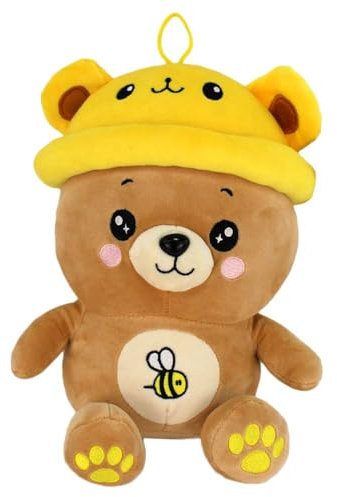 BEMIRO Teddy mit Hut – 25 cm – Kawaii-Gesicht & Schlaufe – Kuschelig weich & Squishy – Aus recycelten Materialien (Gelb)