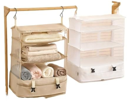 Koffer Organizer Hängend Packing Cube - Packtaschen Kompressions mit 3 Ablagen Kofferschrank 2 Haken - Faltbar Regal Handgepäck Organizer für Reisen Tragbare Reiseregale Packwürfel für Rucksack Weiß