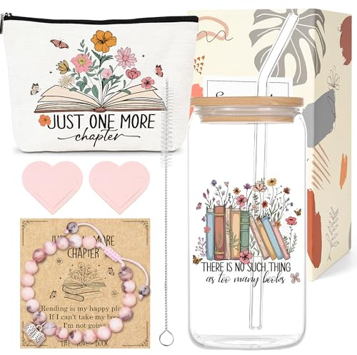 Eiapadeor Book Lovers Gifts Set for Women - 5 Pcs Bookish Gift Travel Mug with Lid Straw Flower Makeup Bag Wristlet for Book Lovers Readers Bibliophiles Librarians Bookworms Christmas Birthday Gifts