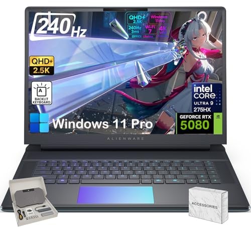 Alienware Portátil para juegos 16 Area-51 - CPU Intel 24-Core Ultra 9 275HX, NVIDIA RTX 5080 GDDR7 de 16 GB, pantalla QHD+ 240Hz 500nit de 16 pulgadas, 32 GB DDR5, SSD de 2 TB, AlienFX RGB KB, WiFi 7