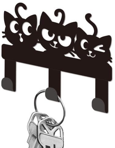 DELORIGIN Funny Cat Metal Key Holder for Wall Cookware Mini Key Hook Organizer Rack Key Hangers Wall Decorative with 3 Hooks for Entryway Front Door Hallway Kitchen Office Bag Clothes Key Hanging