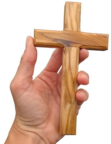 Lunexus Wandkreuz Olivenholz 16x9 cm christlich handgefertigt gesegnet | Massives Olivenholz aus Bethlehem - gesegnet mit Zertifikat - inkl. Montageset - für Taufe, Kommunion, Firmung, Hausaltar