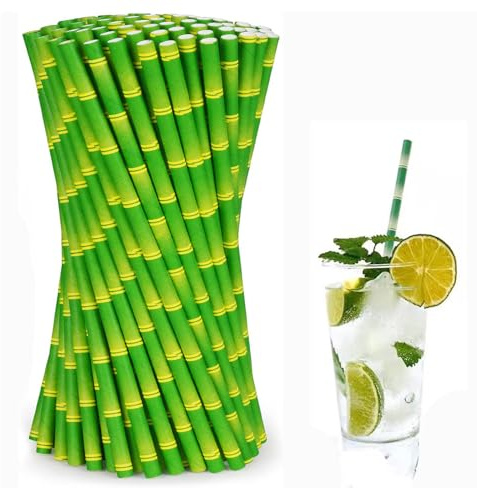 Zpeiran Paper Straw,100 Pieces Green Bamboo Paper Straw,Flexible Disposable Paper Straw,For Cocktails,Lemonades,Juices,Beverages
