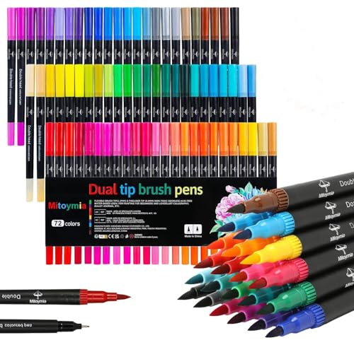 Mitoymia Feutres Coloriage Adulte 72 Couleurs Aquamarker Feutre Double Pointe Fine Feutres Pinceau Aquarelle Stylos pour Adulte Débutant Dessin,Livre De Coloriage,Mandala,Bullet Journal