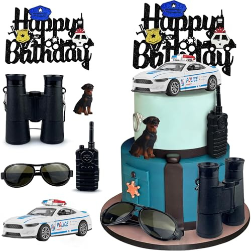 Police Cake Topper - Police Birthday Cake Decor, Toppers Policeman Cake, With Police Dog,Walkie-Talkie, Binoculars, Sunglasses, Police Car Decor, for Police Retirement Or Academy Graduation