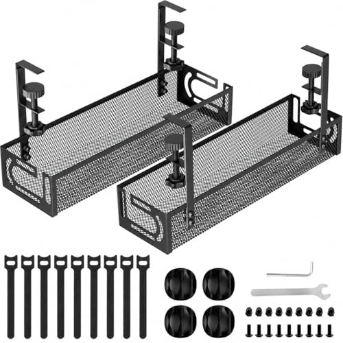 MiDARAH Under Desk Cable Management Tray (2 Pack) – No Drill Clamp-On Cable Organiser for Standing Desks, Large Metal Wire Tray for Power Strips & Office Cable Tidy – Black