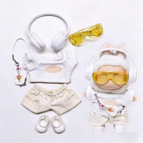 for Labubu Plush Doll Clothes Hip-hop Style Outfit Kit with Headphones Sunglasses for 15 cm/17 cm Figure for Gift Idea for Girls and Boys (NO Doll) (Weiß)