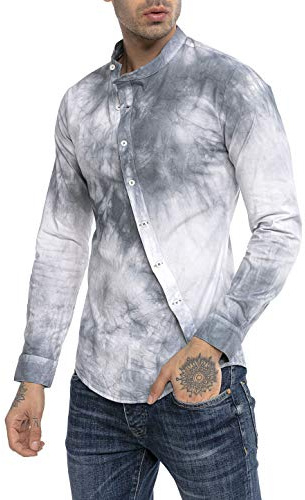 Camisa para Hombres Manga Larga Algodón Estilo Batik Tie Dye Gris S
