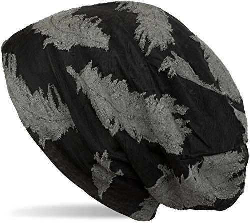 styleBREAKER Beanie Mütze mit gewebtem Feder Muster, Slouch Longbeanie, Unisex 04024130, Farbe:Schwarz