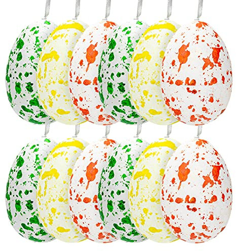 Helmecke & Hoffmann 12er-Set Bunte Ostereier | Gelb, Orange, Grün | farbige Ostereier gesprenkelt | Bunte Dekoeier Osterdeko | Ostereierdeko Ei Höhe: ca. 7 cm