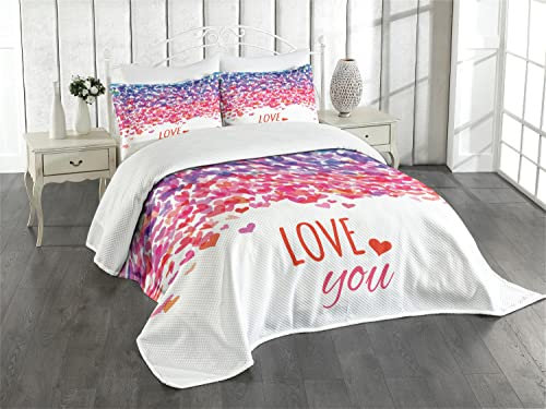 ABAKUHAUS Liebe Tagesdecke Set, Herz-Liebe-Frühling, Set mit Kissenbezügen Moderne Designs, für Doppelbetten 220 x 220 cm, Rosa Lila