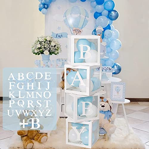 Baby Shower Box Deko für Junge oder Mädchen,babyparty dekoration ballon boxen,4Pcs Weiße Transparente Boxen Baby mit 27 Buchstaben für Babyparty Deko Junge, Gender Reveal Party Boxen