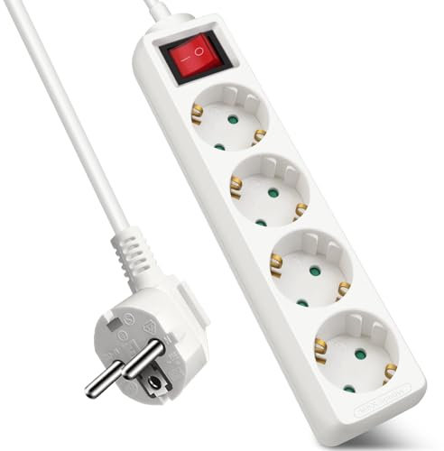 ExtraStar 4-Fach Steckdosenleiste mit Schalter und Kindersicherung,1.5M 3G1.5mm2 Kabel ,16A, 3680W, Mehrfachstecker fürZuhause, Büro und so weiter,Weiß