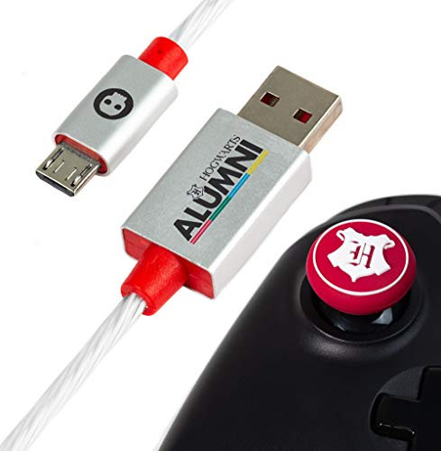 Numskull Official Harry Potter LED Micro USB Cable and Thumb Stick Grips - 1.5m Fast Charging Lead - Compatible with Xbox One, PlayStation 4