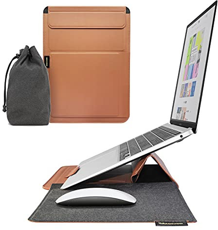 IMMOOWWI Slim Foldable Laptop Sleeve with Portable Stand and Mousepad, Thin Carrying Waterproof Shock Resistant Case for 13-13.3 inch MacBook Air/Pro, Dell, HP, Thinkpad, Asus, Chromebook, Brown