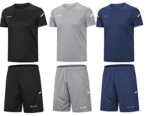 BUYJYA Herren-Trainingskleidung, athletische Shorts und Shirt-Set, 3er-Pack, für Basketball, Fußball, Training, Laufen, Fitnessstudio, Small