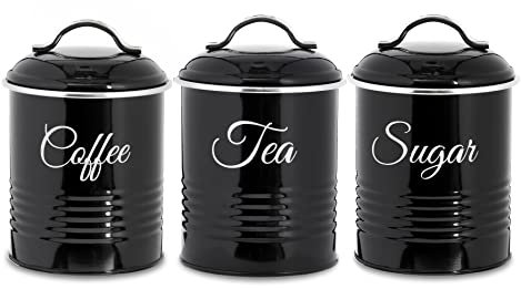 Innoteck Essentials Tea, Coffee, Sugar, Canister Set - Decorative Kitchen Food Storage - Easy to Open Airtight Lids - Storage Tin for Your Favorite Tea, Sugar, and Coffee - Set of 3 Canisters Black