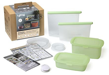 Lékué Kit Recipientes Portalimentos Esencial (2 Bolsas Reutilizables, 2 Tapas Extensibles Reutilizables y 2 Recipientes Reutilizables), silicona platino