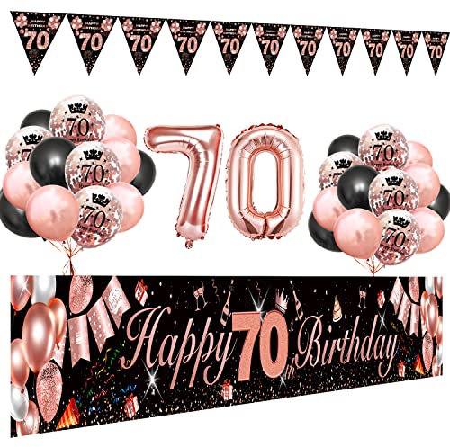 70. Geburtstag Dekoration Frau, SWPEED Extra Lange Happy Birthday Banner Girlande Wimpel (9*1.21 Füße), 70 Geburtstag Deko Banner Hintergrund und Schwarz Rosegold Luftballons Konfetti Luftballons