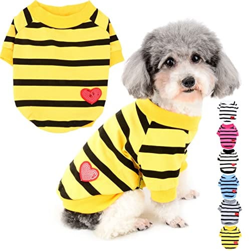 Zunea Dog Shirts for Small Dogs Summer Basic T-Shirt Striped Puppy Clothes Sequins Love Heart Sweatshirt Soft Cotton Short Sleeve Tee Shirt Pet Girl Boy Chihuahua Pullover Apparel Darkyellow M