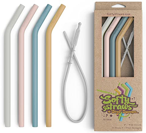 Premium Reusable Silicone Drinking Straws + Patented Straw Squeegee - 9” Long With Curved Bend for 20/30/32oz Tumblers - Neutral Pastel Colors, BPA Free, Flexible, Bendy