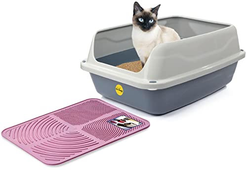 CAT CENTRE Big Grey Open Cat Litter Tray + Pink Tray Mat High Sided Rim Extra Deep Anti-Spillage XL Toilet Box Pan Loo High-Spraying Adult Cats Lowered Entry Step Detachable Rim Rounded Corners