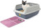 CAT CENTRE Big Grey Open Cat Litter Tray + Pink Tray Mat High Sided Rim Extra Deep Anti-Spillage XL Toilet Box Pan Loo High-Spraying Adult Cats Lowered Entry Step Detachable Rim Rounded Corners