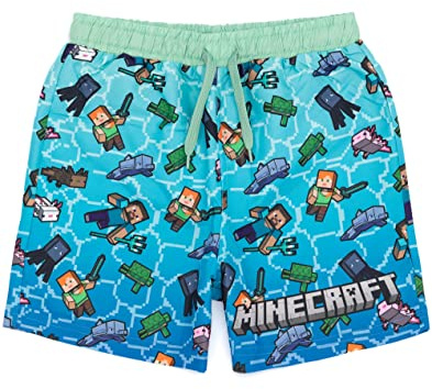 Minecraft Boys Swim Shorts | Blue & Green OR Green Creeper Options | Swimming Trunks with Creeper Steve Alex TNT Explosive Game Characters | Gaming Swimwear Merchandise Gift for Children & Teens