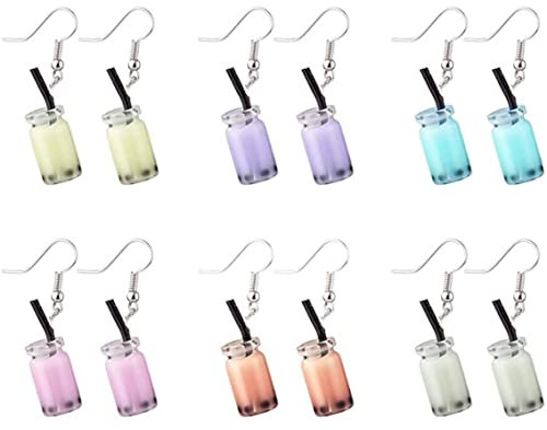 6 Pairs Water Bottle Charm Earrings, Water Bag Shape Acrylic Drink Bottle Dangle Drop Earrings Set, Unique Bubble Tea Dangle Earrings Set for Women Girls