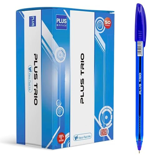 Plus Office - Bolígrafos PLUS Trio Pack de 50 Bolígrafos con Capuchón, Tinta fluida Viscosa, Óptimo para uso de oficina, casa y escolar, Color Azul, y Trazo de 0,7 mm (50 Azules)