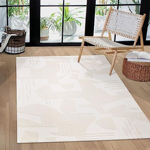 Paco Home Teppich Wohnzimmer Schlafzimmer Modern Kurzflor Skandinavisches Boho Muster Regenbogen japandi Geometrisch 3D Effekt Creme, Grösse:160x220 cm, Farbe:Creme 3