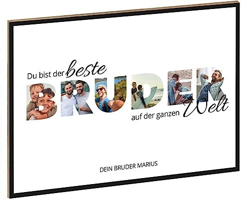 GRAVURZEILE Holzschild mit Foto - Familie Design - Personalisiert mit Namen und eigenen Fotos - Personalisiertes Foto Geschenk zum selbst gestalten für Sie & Ihn - DIN A4 Format - Farbe: Bruder