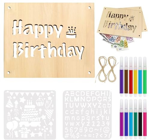 17 Pièces Cadeau Anniversaire Homme Bois De Cadeau d'argent d'anniversaire Panneau Bois de Bricolage avec Pochoir et Crayons d'Aquarelle pour Les Cadeaux d'anniversaire pour Les Amis Et La Famille