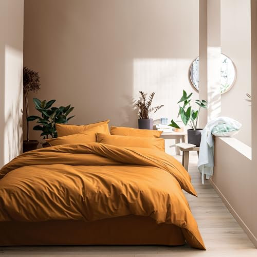 MATT & ROSE Parure de lit 240x220 cm cm Unie Coton LAVÉ | 100% Coton Lavé | Oeko-TEX | Housse de Couette 240x260 cm + 2 Taies d'oreiller 65x65 cm | Caramel