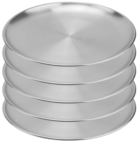 MOUYAT 5 Pcs 26cm Stainless Steel Plate, Round Serving Dishes, Unbreakable Metal Dinner Plates for Camping, Barbecue, Picnics, and Outdoor Use, Silver
