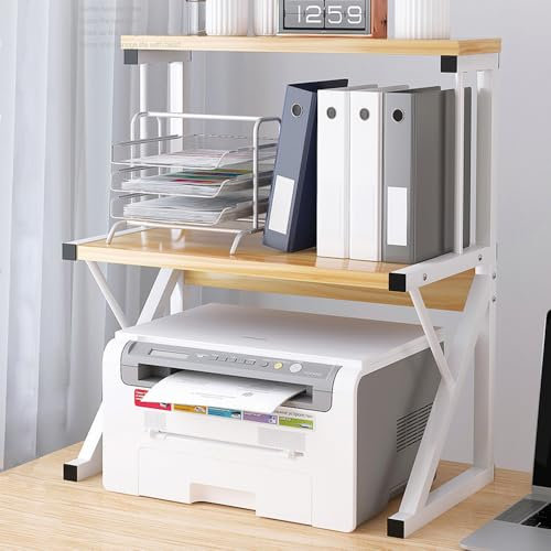 Pantanal 3-Tier Printer Desktop Stand, Home Office Tabletop Storage Organizer Shelf, Multi-Purpose Counter Rack for Scanner, Fax Machine, Books, Files, Wood Free Standing Shelf Unit, Walnut